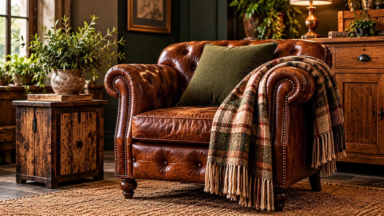 Restored leather armchair in a warm Stag & Grain interior