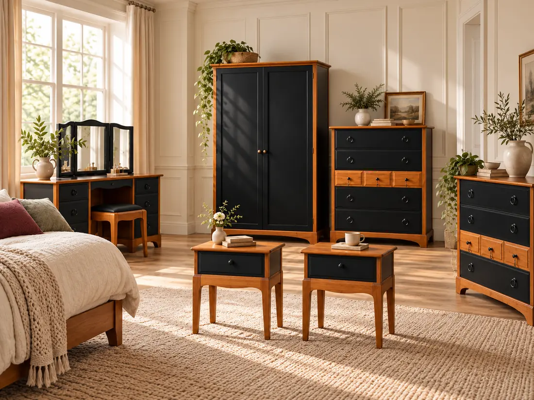 Bespoke Stag bedroom furniture in black and natural timber